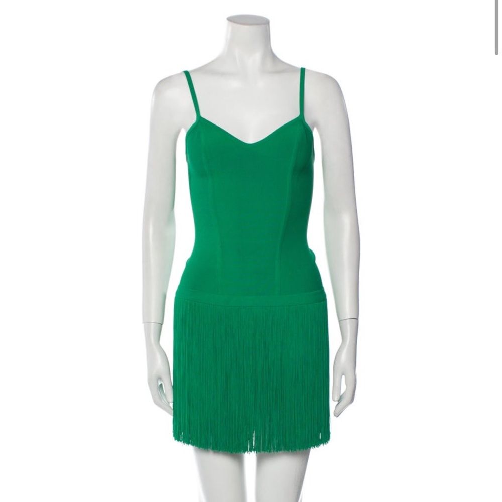 Herve Leger green fringe mini dress